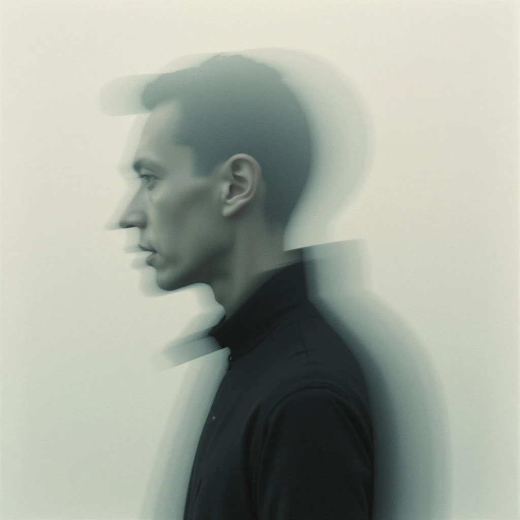 A man’s profile is shown against a pale background, appearing slightly blurred and doubled as if captured during movement. He wears a dark collared shirt and gazes off to the side with a serious expression. The overall effect creates an impression of fleeting time or a sense of uncertainty.