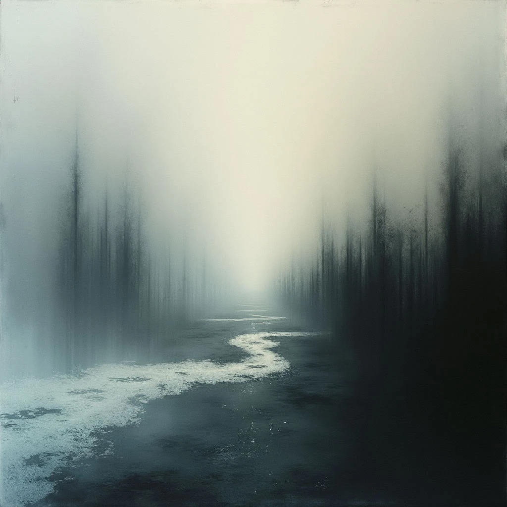A blurred, indistinct forest stretches into a hazy distance, with tall trees flanking what appears to be a winding waterway. The color palette is muted and cool, primarily shades of gray and dark teal, creating an ethereal and dreamlike atmosphere. A bright glow emanates from the far end of the scene, almost obscuring the horizon.