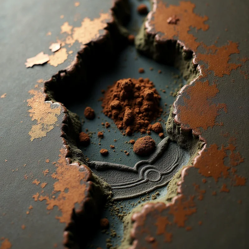 A dark, matte surface is fractured by an irregular, jagged opening that reveals a textured interior of fine, sandy particles and swirling patterns. Within the central cavity sits a mound of coarse, reddish-brown powder surrounded by smaller, spherical granules. Muted tones of charcoal and slate contrast with the warm, earthy hues of the brown pigments scattered across the edges and center.
