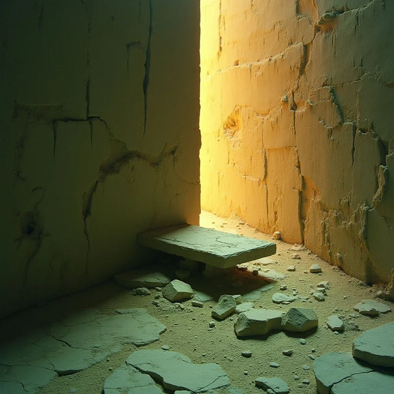 A narrow corridor of textured, cracked stone walls in shades of pale ochre and muted sage creates a tight spatial enclosure. A single flat slab rests horizontally across the floor, illuminated by a bright, warm light streaming from an opening ahead. The scene is composed of irregular geometric fragments and rough surfaces scattered across a sandy ground.