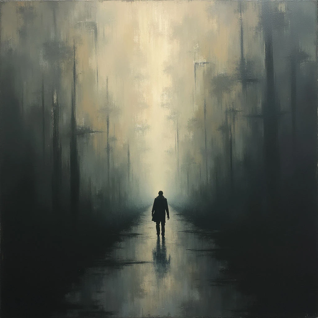 A lone figure in a dark coat walks away from the viewer down a long, wet street. Tall, indistinct shapes loom on either side, blurred by mist or shadow and suggesting buildings or trees. The scene is washed out with pale light behind the figure, creating an atmosphere of isolation and uncertainty.