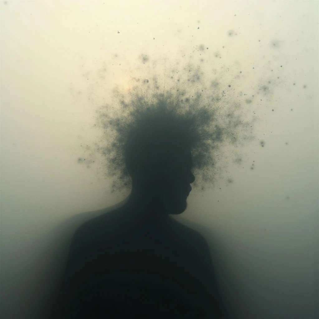 A dark silhouette of a person’s head and shoulders is visible against a pale, hazy background. Above the head, particles are dispersing outwards like an explosion or fading thought. The overall impression is one of disintegration or loss of self.
