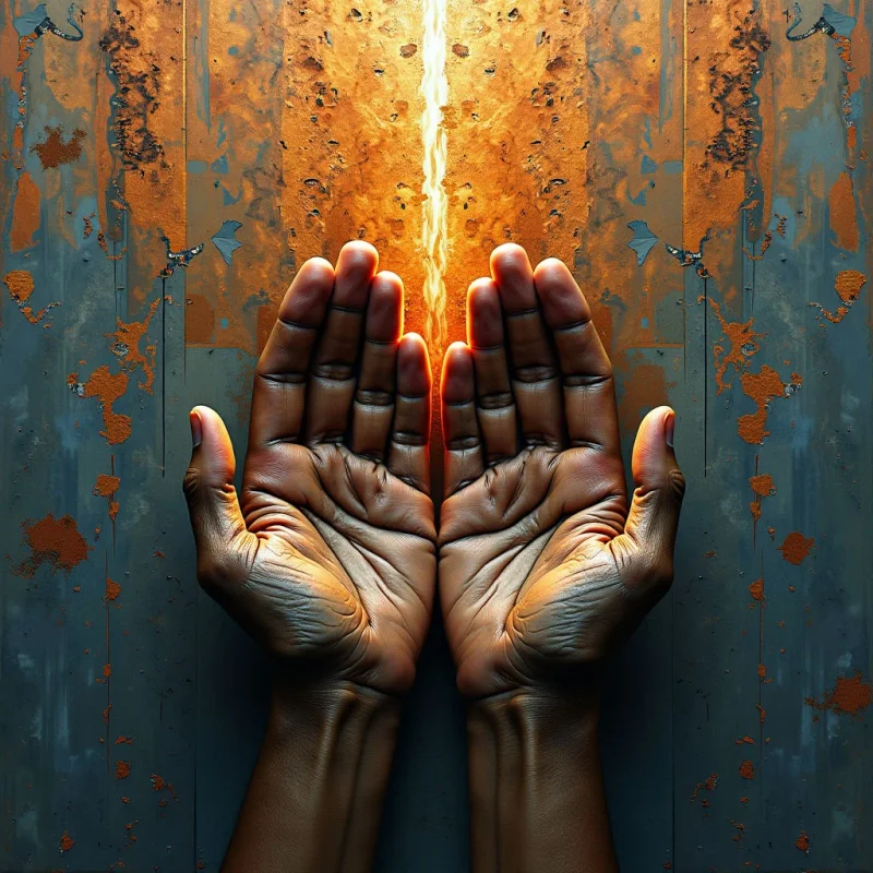 Two dark-skinned hands are held open and upward against a vertical background of weathered, textured metal plates in shades of blue and rust orange. A bright, glowing line of golden light descends vertically through the center, positioned between the palms and illuminating the creases of the skin. The composition is symmetrical, with the warm light contrasting against the cool tones of the industrial backdrop.