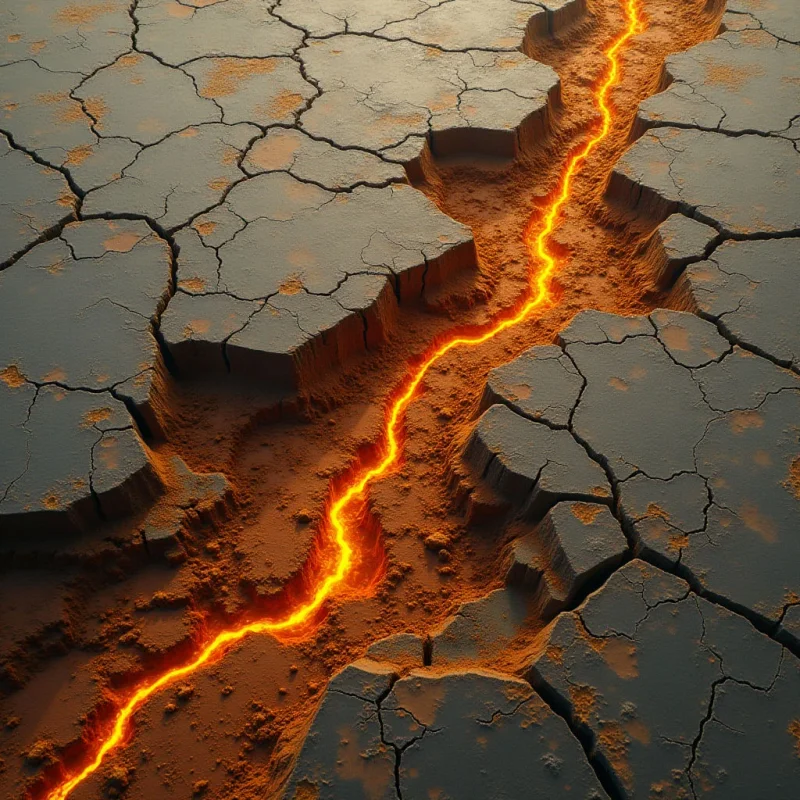 A jagged fissure of glowing orange and yellow molten light bisects a landscape of cracked, dark grey earth. The surface features rough, granular textures with sharp, irregular polygonal shapes formed by deep crevices. Bright illumination emanates from within the central rift, casting light onto the surrounding parched terrain.