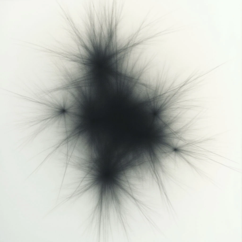 A dark, amorphous shape dominates the center of a stark white field. Thin, radiating lines extend outwards from the darkness like bursts or tendrils, creating a sense of energy and expansion. The overall impression is one of subtle chaos contained within a minimal composition.