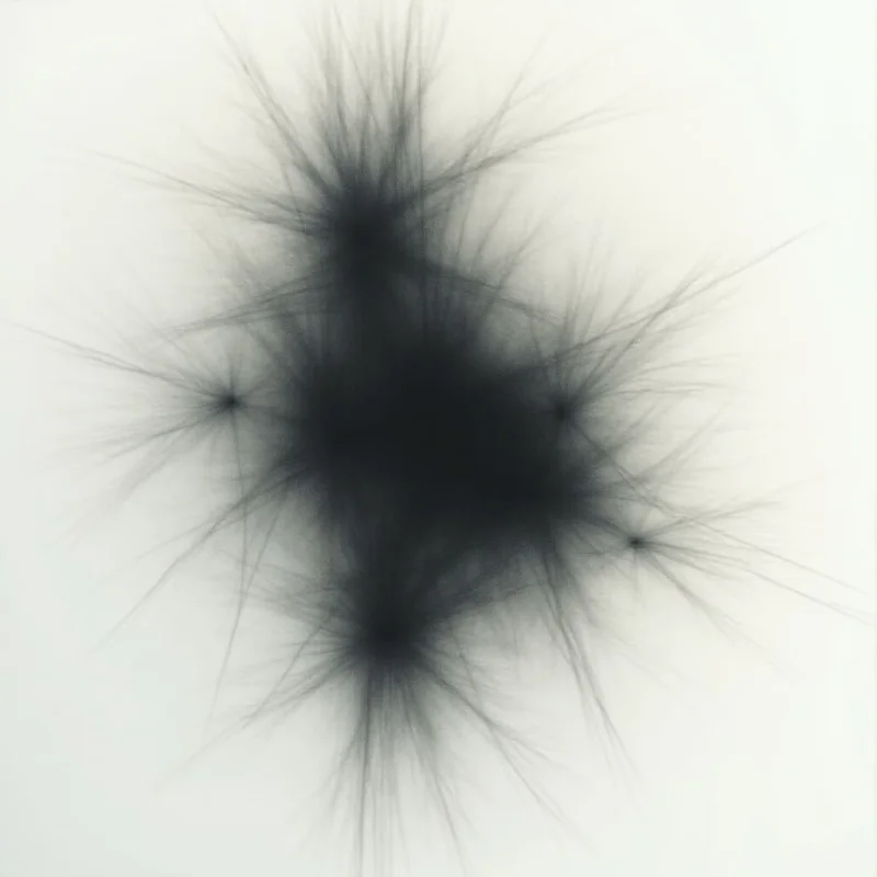 A dark, amorphous shape dominates the center of a stark white field. Thin, radiating lines extend outwards from the darkness like bursts or tendrils, creating a sense of energy and expansion. The overall impression is one of subtle chaos contained within a minimal composition.