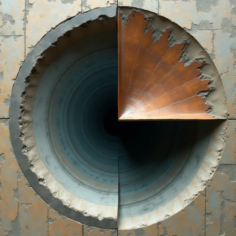 A large circular opening is set into a textured, earth-toned tiled surface, revealing a deep, spiraling interior of cool blue and grey tones. A wedge-shaped section of rusted copper material with jagged, irregular edges occupies the upper right quadrant of the circle. Light enters from above, casting soft shadows within the spiral and highlighting the rough, tactile surfaces of the stone and metal.