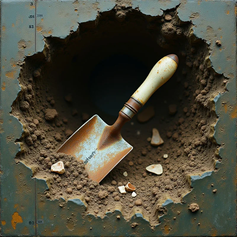 A brown shovel with a white handle rests diagonally within a dark, circular hole carved into a textured, teal-colored surface. The composition features coarse, granular soil textures contrasted against the smooth, weathered material of the surrounding frame. Dim light illuminates the center, creating deep shadows within the cavity and highlighting the earthen debris scattered around the tool.