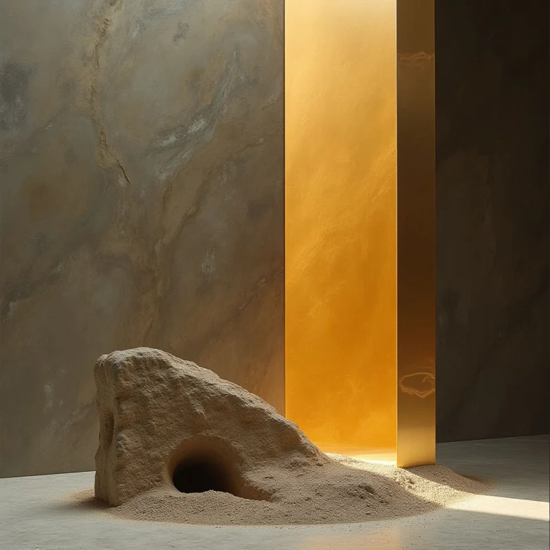 A tall, smooth gold rectangular pillar stands vertically against a backdrop of swirling brown and tan marbled stone. In the foreground, a textured mound of beige sand features a dark, circular opening, casting a soft shadow on the flat ground. Light enters from the side, highlighting the metallic sheen of the pillar and the granular surface of the sand.