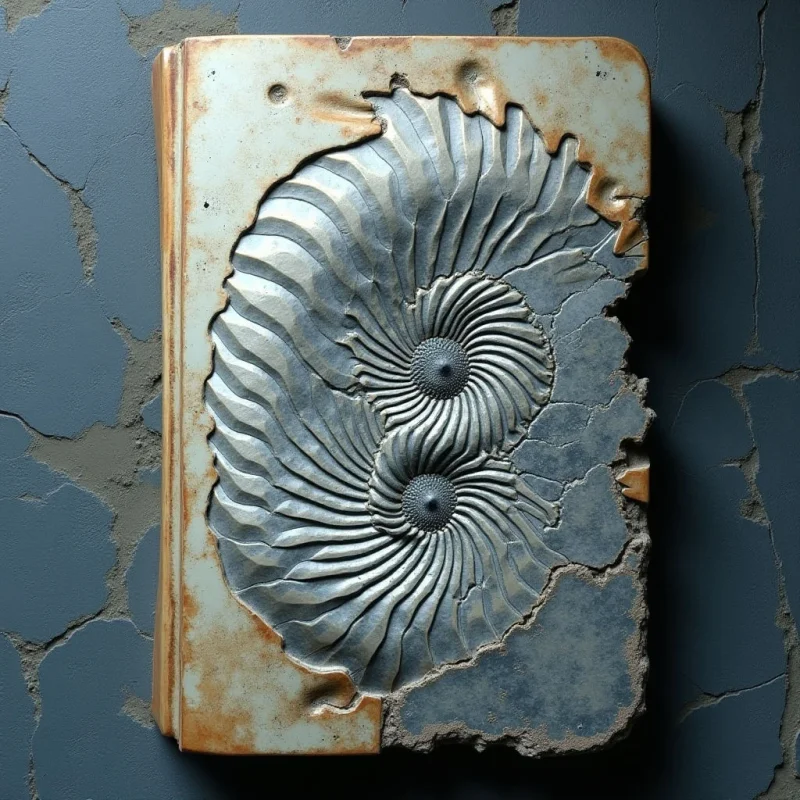 A rectangular object with a cream-colored, weathered surface features a large, recessed metallic section shaped into swirling, organic patterns. The central silver area displays deep ridges and fine textures that radiate from two circular centers, contrasting against the smooth, cracked edges of the surrounding material. Light casts soft shadows within the grooves and along the right side, creating depth between the textured relief and the dark, matte background.
