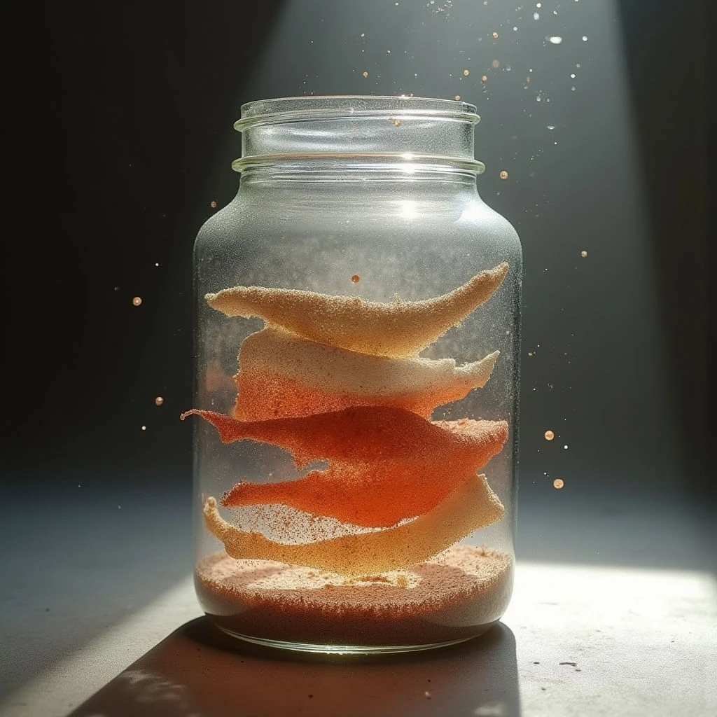 The image features a clear glass jar filled with an orange, granular substance that appears to be layered at the bottom and arranged in flowing, wave-like shapes within. A strong light source from above creates bright highlights on the glass and illuminates dust motes suspended in the air, contrasting with the dark background. The jar sits on a flat surface, casting a soft shadow and establishing a central focus against the darker surrounding space.