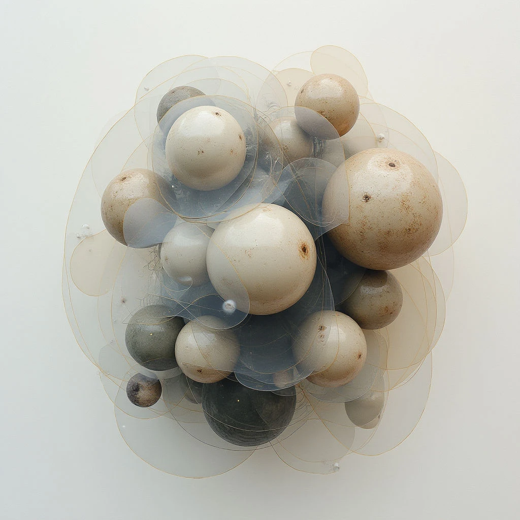 A cluster of variously-sized, matte spheres in shades of beige, gray and brown is suspended against a pale wall. The orbs are partially obscured by overlapping translucent amber discs that seem to connect them. The entire arrangement has an organic, almost cellular quality.