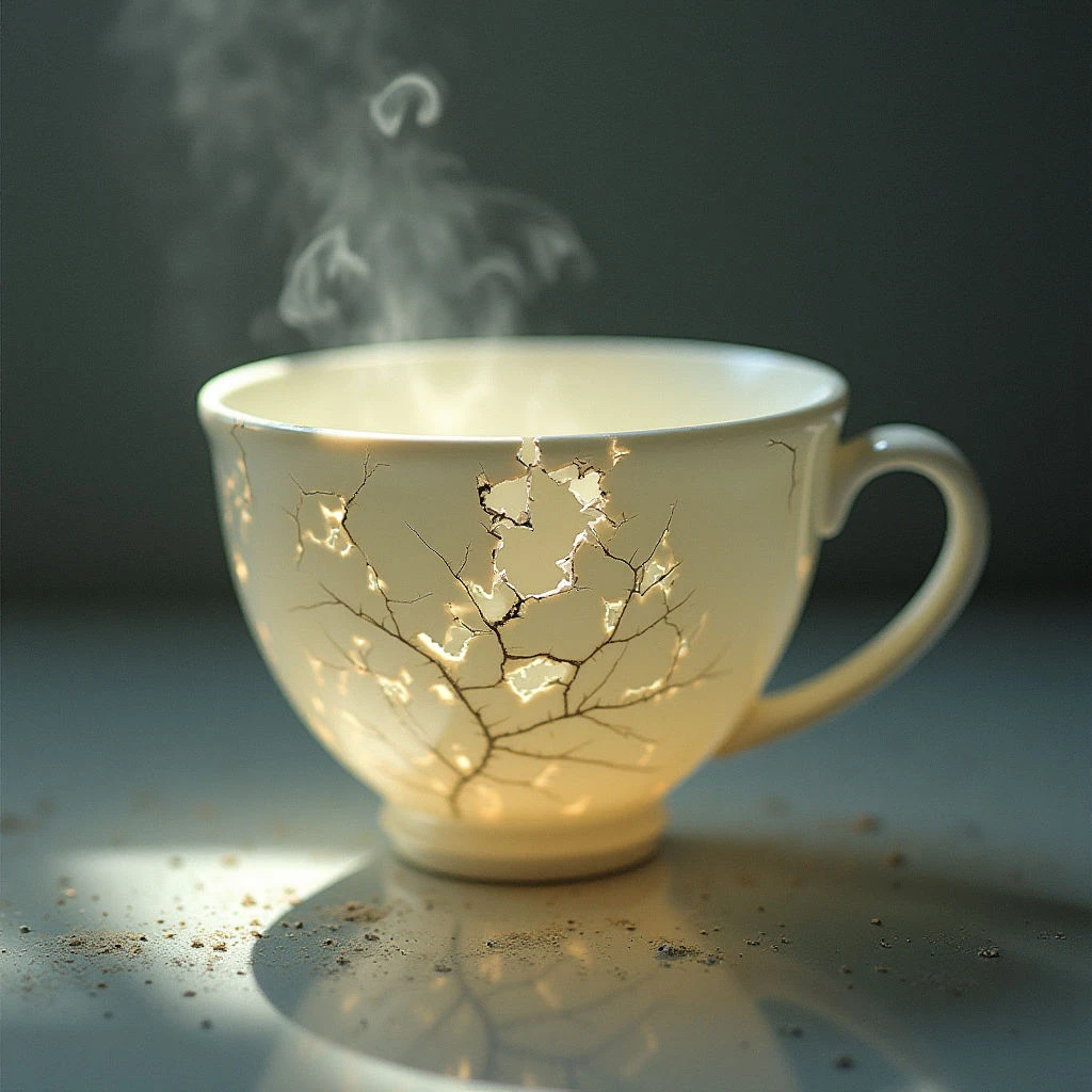 A delicate, pale cup sits on a reflective surface, radiating a warm glow from within its cracked exterior. Wisps of steam rise from the mug’s opening, suggesting it contains something hot. Fine particles are scattered around the base, hinting at a fragile or broken state.