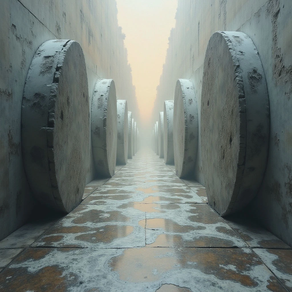 A long corridor stretches into a hazy distance, lined with massive, weathered stone cylinders on either side. The floor is tiled and slick with moisture, reflecting the pale light filtering through the fog. Everything appears muted and gray, creating a sense of isolation and age.
