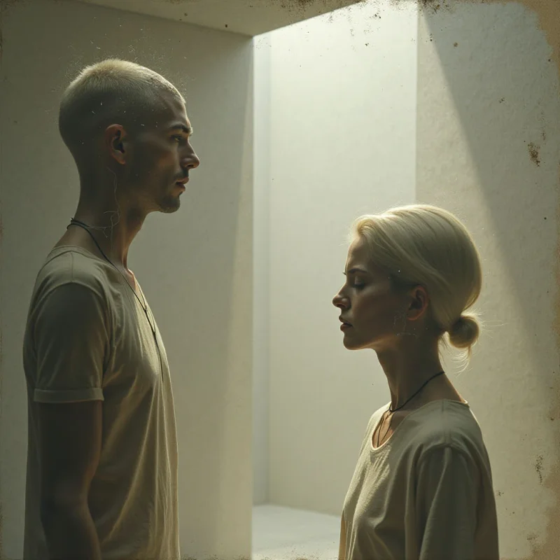 The image features two individuals with pale complexions and light blonde hair, positioned in profile facing each other within a minimalist space. The color palette is dominated by muted beige and soft grays, while the texture appears smooth on skin and clothing contrasting with the slightly rough surface of the walls. Strong directional light streams from above, creating distinct shadows and highlighting their facial features, set against a shallow spatial depth defined by cornered walls.