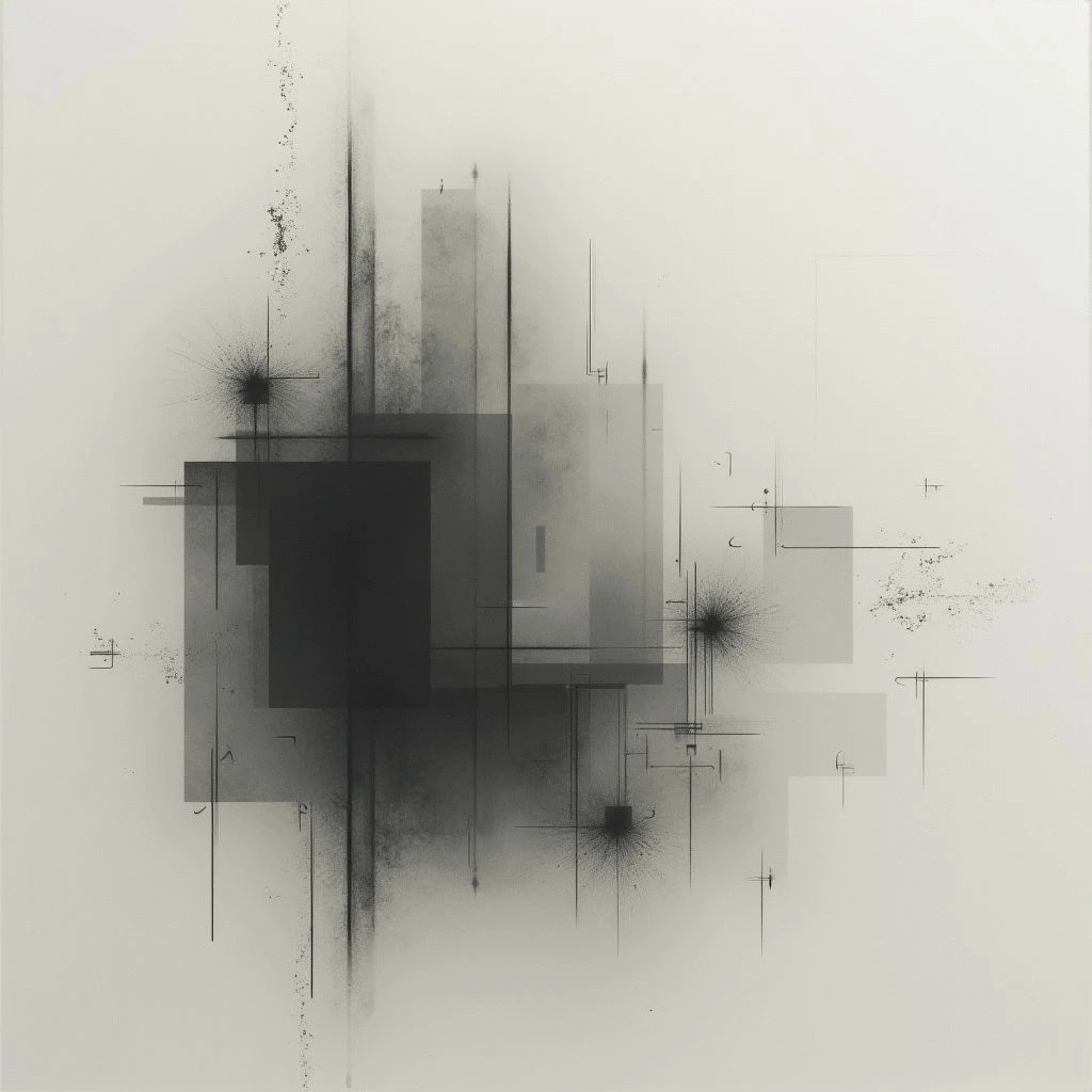 A dense cluster of dark, overlapping rectangles and lines dominates the center of a pale background. Thin, spiky bursts radiate outwards from several points within the composition, like fractured energy. The overall impression is one of controlled chaos and fragmented architecture.