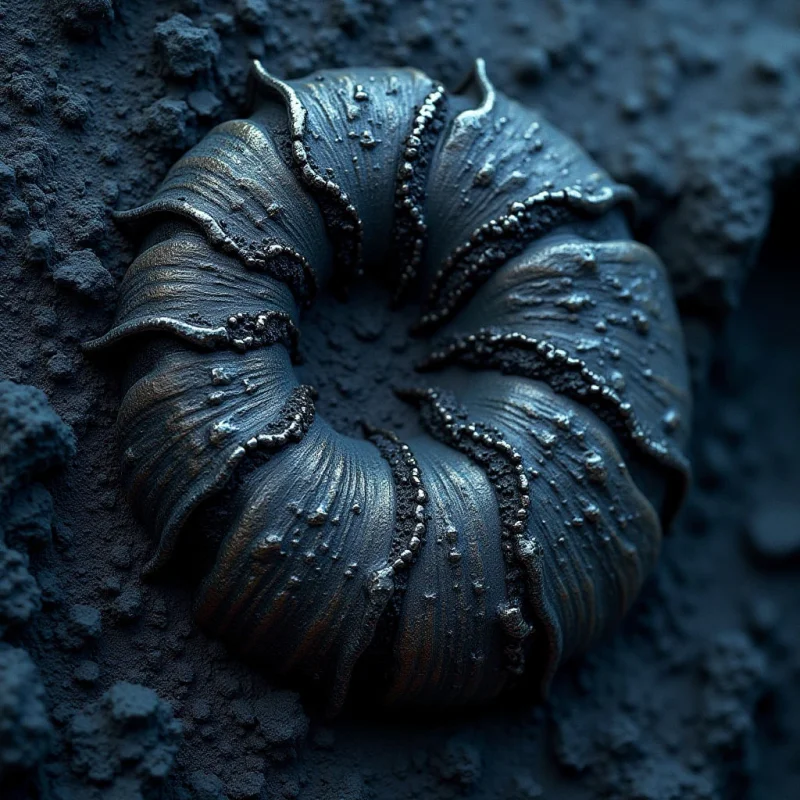 A dark, metallic ring with a ridged, organic texture sits centered against a coarse, granular background. The composition features deep blues and charcoal tones, accented by bronze highlights along the raised, petal-like edges. Soft light catches the undulating surfaces of the central object, creating shadows that emphasize its circular, hollow form within the uneven landscape.