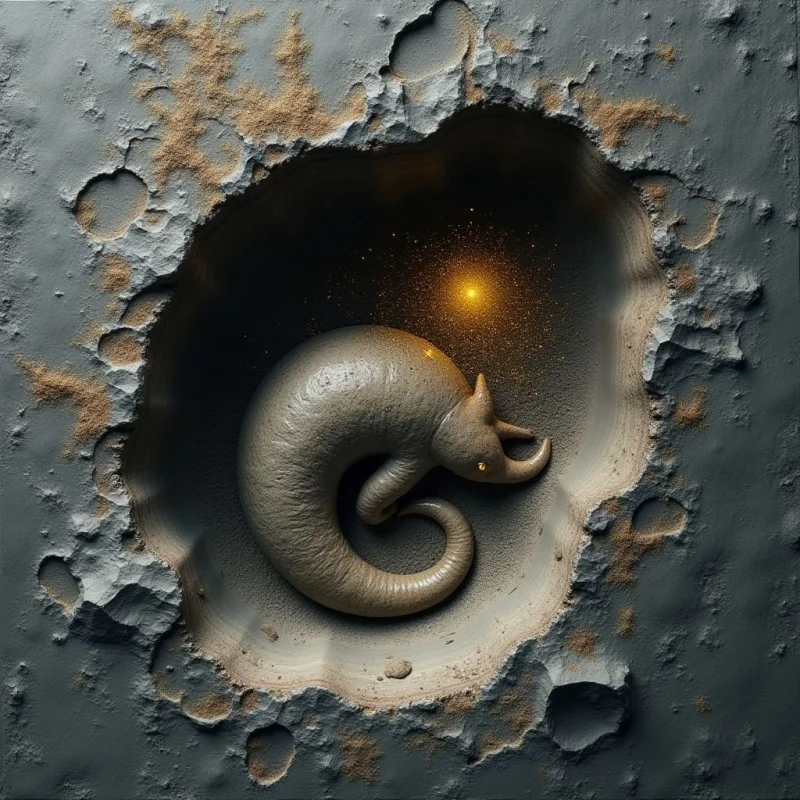 A smooth, curved grey form rests within a dark, circular crater surrounded by rough, pitted surfaces in shades of slate and charcoal. Golden light emanates from the center of the void, casting a warm glow over the textured edges and illuminating fine, sparkling particles. The composition centers on the relationship between the organic shape and the rugged, uneven terrain of the surrounding landscape.