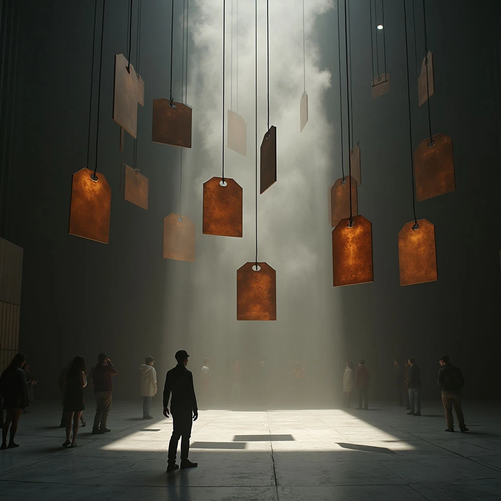 The scene depicts a large, dimly lit space with numerous rectangular tags suspended from above by thin cords. The tags are varying shades of brown and rust, appearing textured and aged, while the floor is a smooth, pale gray occupied by silhouetted figures. A strong beam of light illuminates the center of the room, creating a hazy atmosphere and casting long shadows that recede into the darkness along the walls.