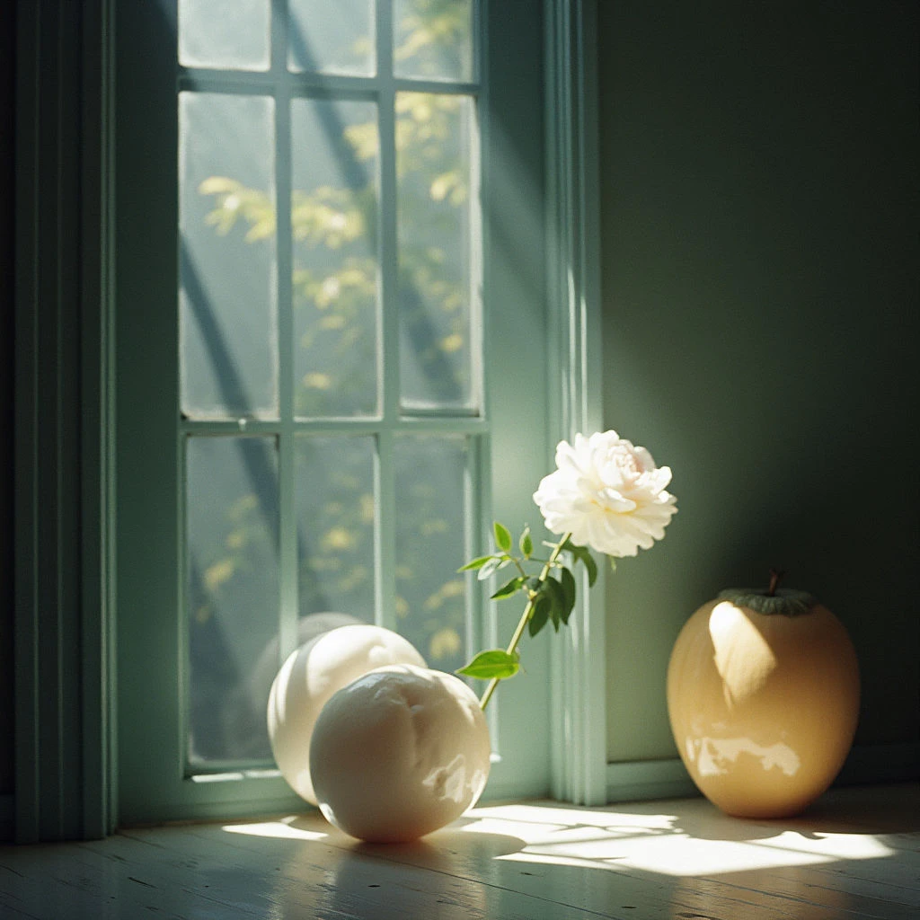 Sunlight streams through a multi-paned window, illuminating three rounded objects on a wooden floor against a muted green wall. Two of the objects are pale peach-colored and spherical, while a third is a warmer tan hue. A single white rose with lush green leaves stands between them, catching the light.