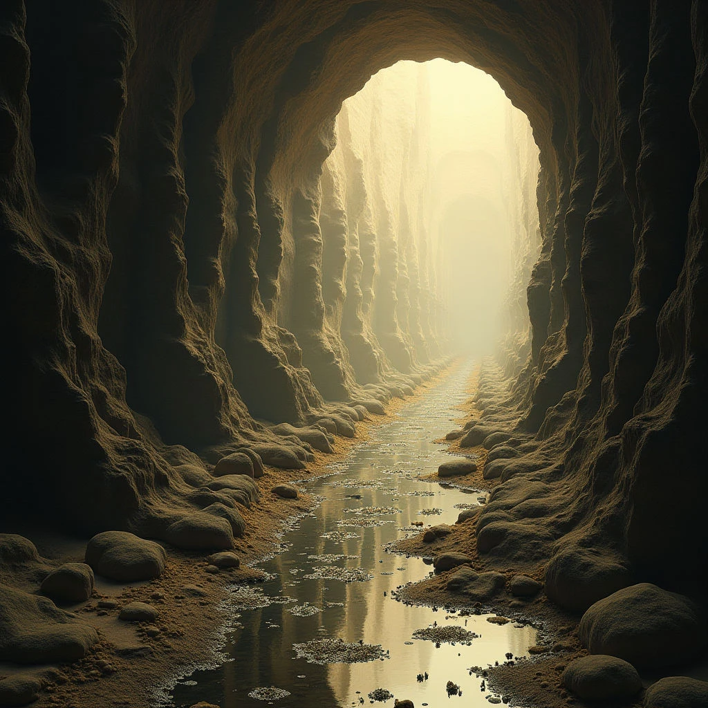 A narrow waterway flows through a tall, cavernous tunnel carved from rough stone. Light streams in from the distant opening, illuminating dust motes and reflecting on the water’s surface. The walls are lined with rounded rocks and rise into shadowed heights, creating an enclosed and imposing space.