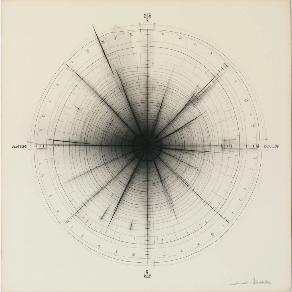 A complex circular diagram dominates the image, resembling a radar or sonar screen with concentric rings and radiating lines. A dense cluster of dark marks concentrates towards the center, fading outwards with scattered points along several radial axes. The words 