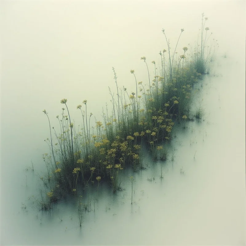 A narrow strip of green plants with small yellow flowers rises from a still, grey body of water. The surrounding landscape is obscured by thick fog, creating a sense of isolation and quietude. The reflection of the plants mirrors them in the water, blurring the line between reality and its image.
