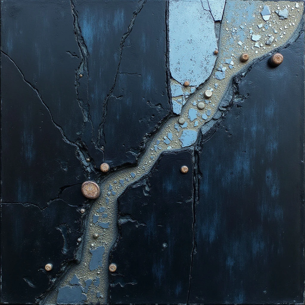 The image features a predominantly dark blue and tan color palette with variations in shade creating contrast. Rough, cracked textures dominate the composition alongside smoother, pebble-like forms embedded within winding lines that traverse a darker field. Light appears to originate from above, highlighting the raised elements and casting subtle shadows, while spatial relationships suggest depth through layering and varying sizes of the textured components.