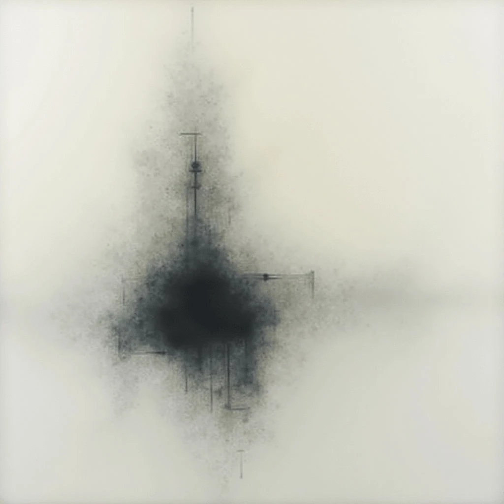 A dark, indistinct structure rises from a hazy, almost cloud-like background. The shape vaguely resembles an industrial tower or complex, but is blurred and fragmented with smoky edges. Fine lines extend outwards from the central mass, creating a sense of delicate instability within the surrounding emptiness.