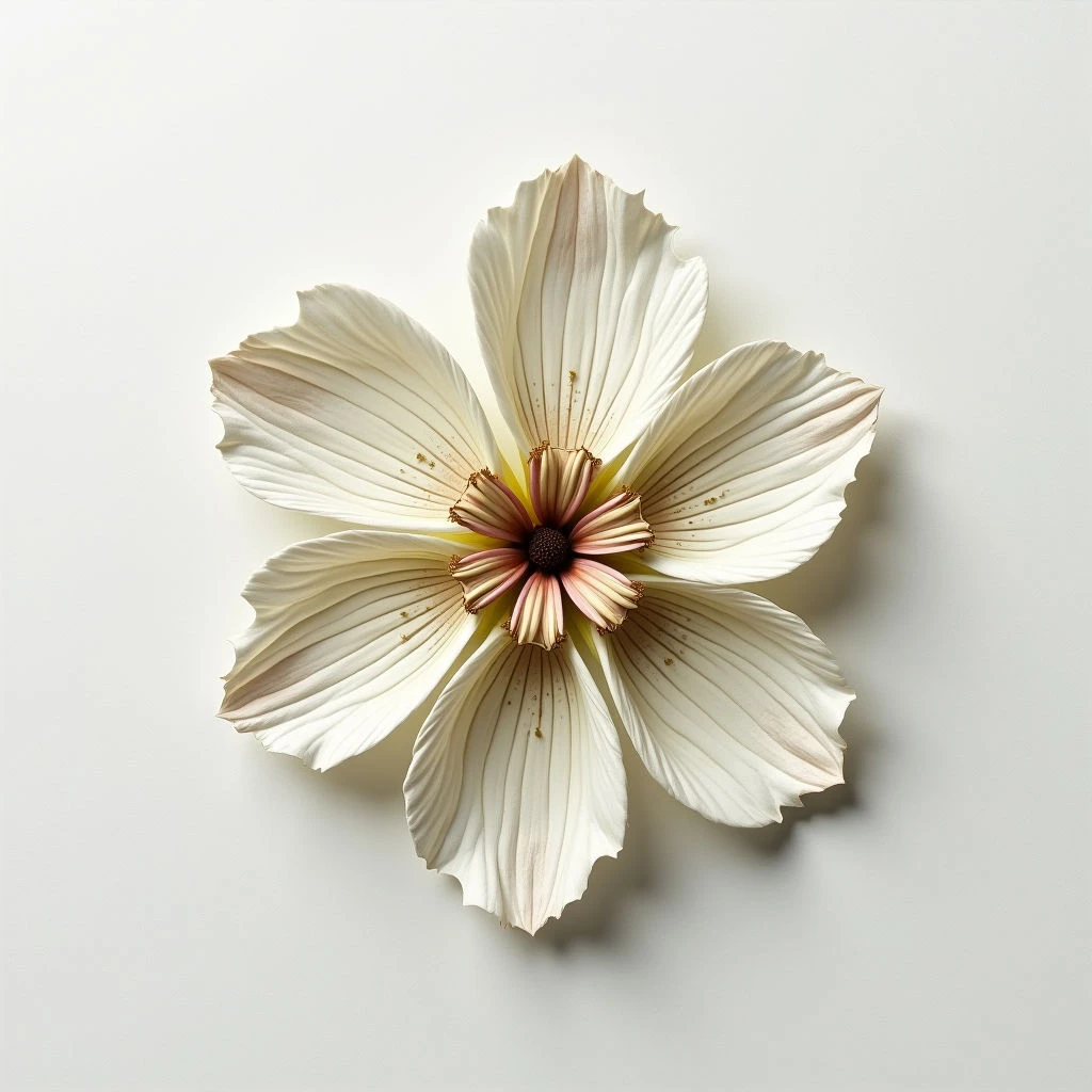 A single, pale flower is centered against a bright white background. The petals are long and ridged, transitioning from creamy white to a subtle blush of pink at their tips. Its dark center features intricate patterns of brown and burgundy hues, surrounded by golden accents.