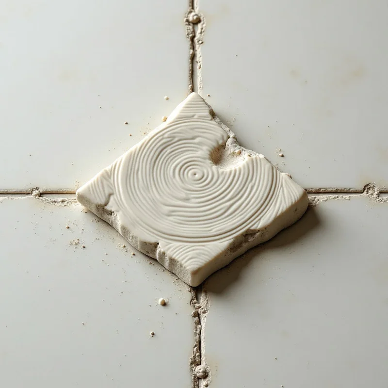 A cream-colored, diamond-shaped slab with concentric circular ridges sits atop a grid of similar off-white tiles. The textured surface of the central piece features deep grooves and irregular, chipped edges that cast soft shadows against the smooth background. Light originates from the upper left, highlighting the raised patterns and the recessed grout lines between the flat tiles.