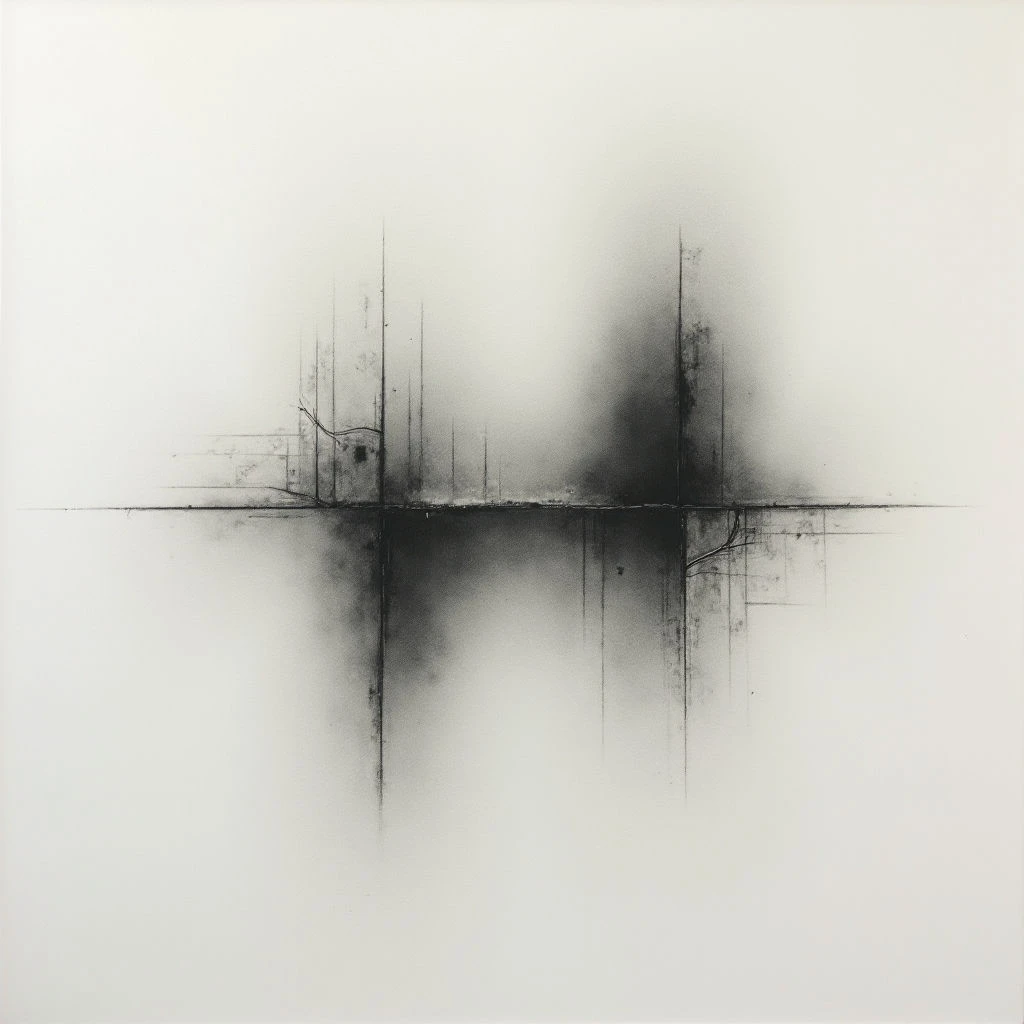 A dark, blurred shape bisects a bright white space, appearing like a shadowy reflection or an obscured window. Thin, vertical lines and delicate scribbles are scattered around the central darkness, suggesting a cityscape or fragmented structures. The overall effect is minimalist and ethereal, evoking a sense of distance and quiet contemplation.
