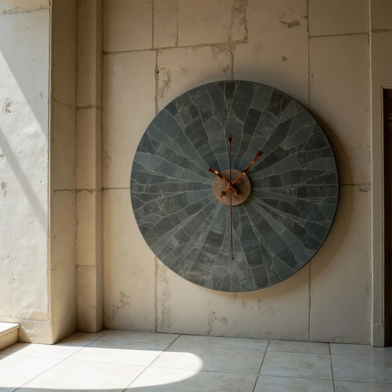 A large, dark grey circular stone disk with a fragmented, mosaic-like texture is mounted on a light beige, blocky masonry wall. Three slender, copper-colored metallic hands extend from a central brown disc toward the edges of the circle. Natural light casts soft shadows across the textured wall and creates a bright patch on the pale tiled floor below.