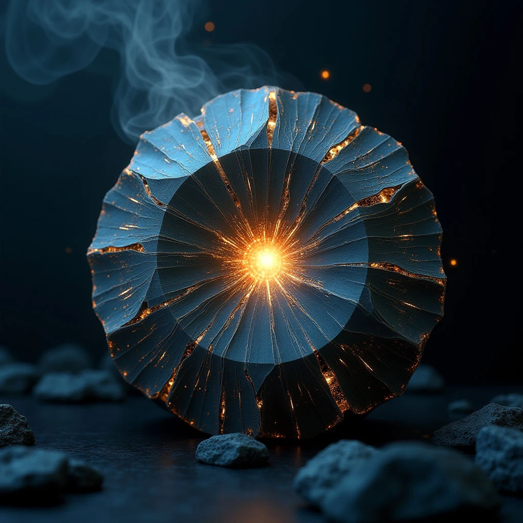 The image is dominated by cool blues and blacks with contrasting warm orange emanating from a central point within a segmented, circular form. The main object features a rough, layered texture with visible cracks highlighted by glowing lines, resting on a dark, reflective surface scattered with irregularly shaped stones. Light appears to originate internally from the core of the shape, casting subtle illumination upwards and creating wisps of smoke that rise into the darkened space above.