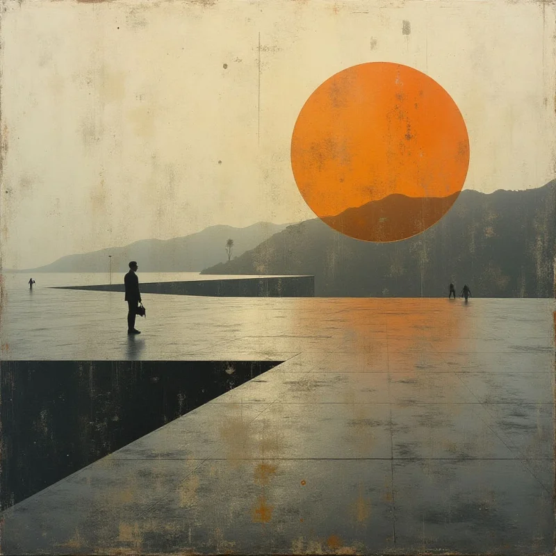 The image features a muted color palette of creams, grays, and oranges with a textured, slightly distressed appearance throughout. Geometric shapes—rectangles and triangles—dominate the foreground plane, contrasting with rolling hills in the background beneath a large circular orange form. A soft light source creates subtle reflections on the flat surfaces and casts long shadows, suggesting a wide, open spatial arrangement with figures sparsely distributed across the scene.