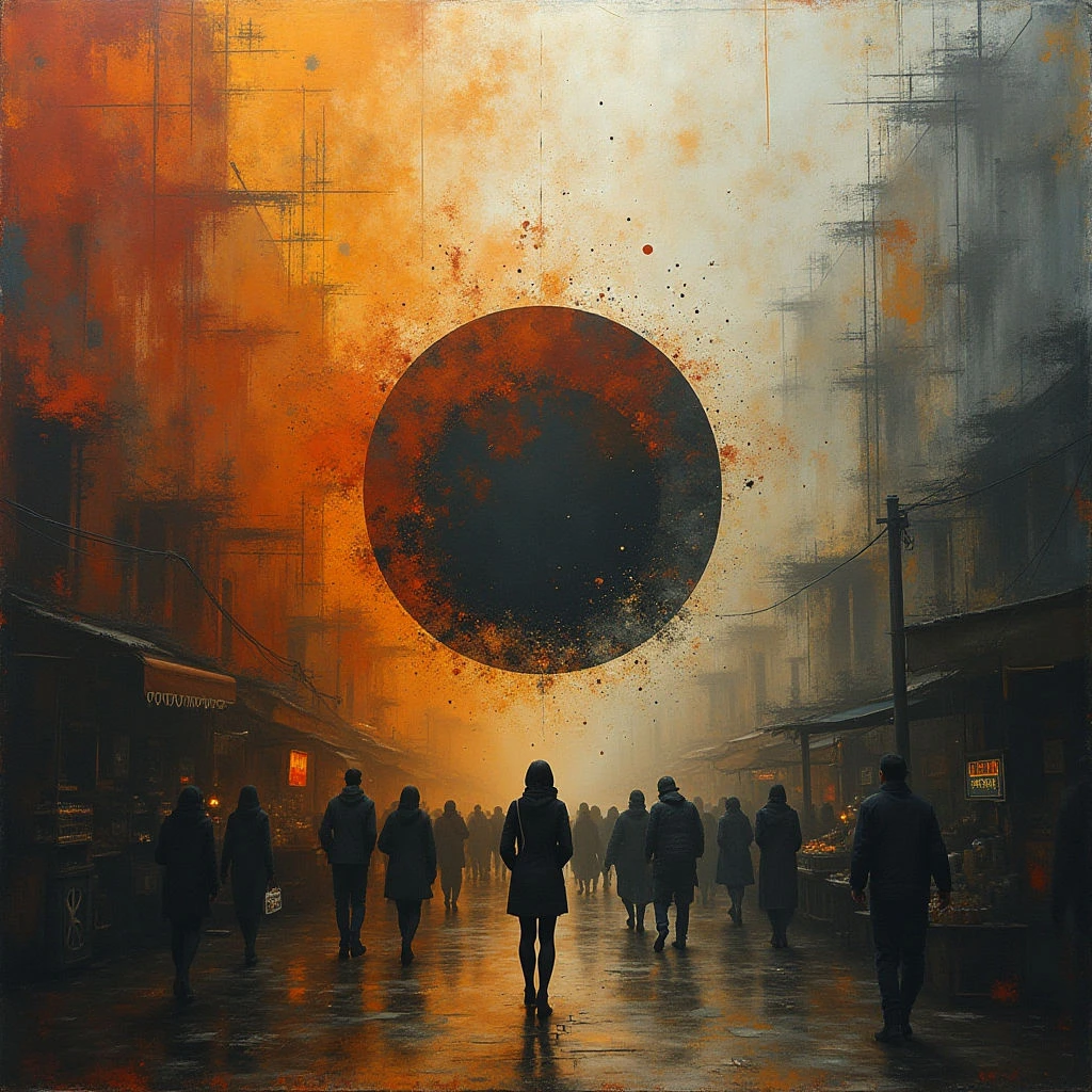 The image depicts a street scene dominated by warm orange and muted gray tones, with figures walking away from the viewer down a central path. A large, dark circular shape hangs in the air above the street, partially obscuring buildings on either side and creating a focal point amidst textured brushstrokes suggestive of both fog and debris. Light appears to emanate from behind the circle, casting a hazy glow that diminishes with distance and creates a sense of depth along the receding perspective of the road.