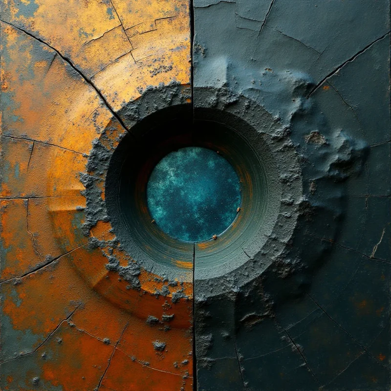 A central circular void reveals a textured teal interior, surrounded by concentric rings of rough, pitted material. The composition is split vertically between warm amber and cool charcoal tones, with dark cracks radiating outward from the center across the surface. Light catches the raised edges and uneven textures, creating depth within the layered, stony shapes.