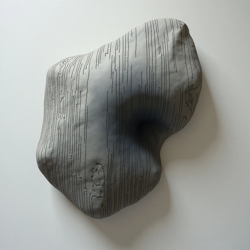 A gray, irregularly shaped form is mounted on a white wall, casting a soft shadow. The surface of the form is covered in dense, dark vertical lines that resemble writing or texture. It appears organic and slightly deflated, with a hole piercing through its center.