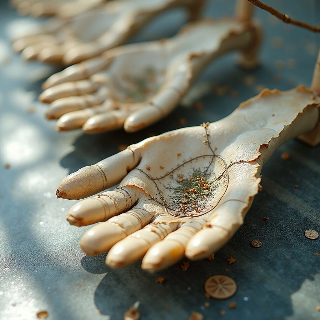 The image features two pale beige hands resting on a textured dark teal surface scattered with small brown circular objects. The hands appear slightly rough and organic in texture, with visible lines and imperfections, and one hand holds a collection of tiny dark granules within its palm. Soft, diffused light illuminates the scene, creating gentle shadows and highlighting the contours of the hands while maintaining a shallow depth of field.