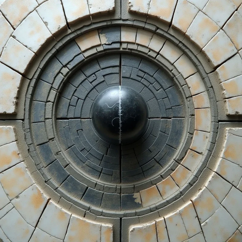 Concentric circles of rectangular tiles in shades of beige and dark charcoal radiate from a central black sphere. The composition features a repetitive geometric pattern of radial lines and segmented blocks with rough, matte textures. Soft light illuminates the surface, creating subtle highlights on the spherical center and casting gentle shadows within the recessed grooves between the tiles.