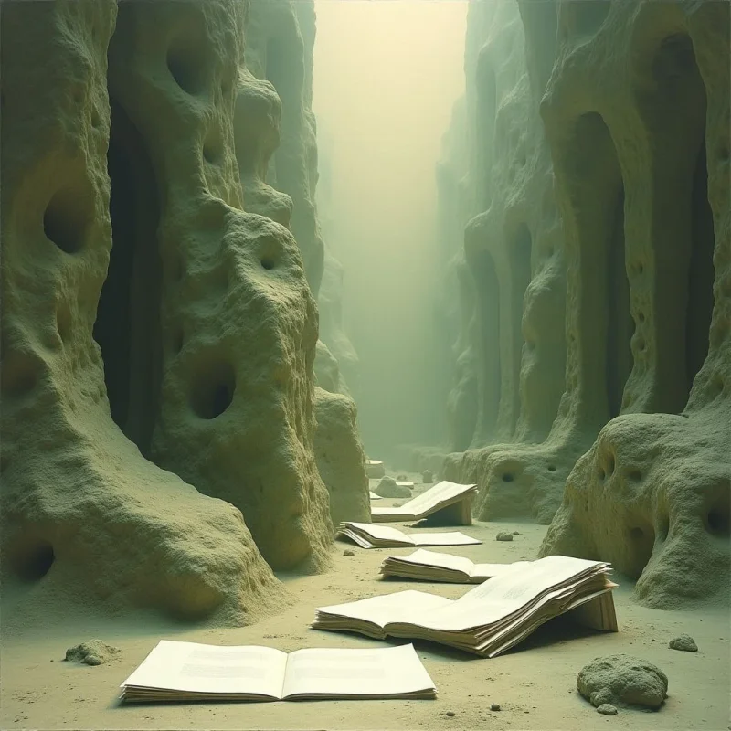 The scene depicts a narrow canyon with walls of pale beige, porous stone formations. Open books are scattered across the sandy ground leading into a hazy distance where the light is brightest and shapes become less defined. The overall texture appears rough and eroded, while the spatial arrangement emphasizes depth through converging lines and diminishing size of objects further away.