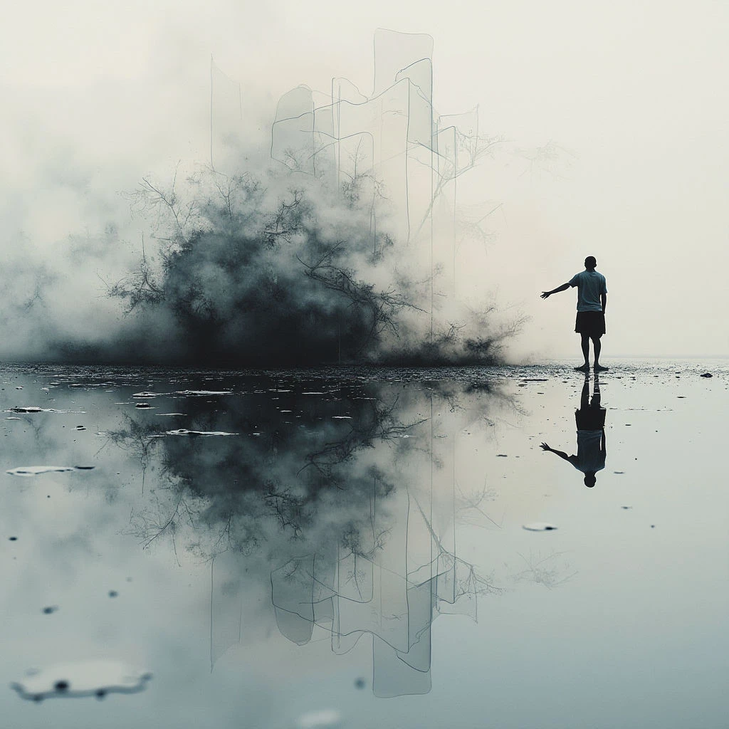 A lone figure stands on a flat, reflective surface facing a dark, swirling mass resembling trees consumed by smoke or shadow. The shape is mirrored perfectly in the water below, creating a sense of depth and unease. Above the figure, faint outlines of buildings appear as if dissolving into the misty atmosphere.