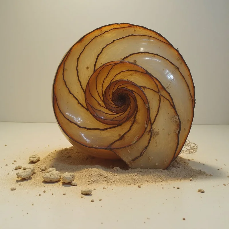 A large, spiral nautilus shell dominates the center, featuring warm amber and cream tones with dark, irregular lines tracing its curved segments. The smooth, glossy surface of the shell contrasts with the granular texture of the light tan sand scattered around its base. Soft, diffused light creates subtle shadows, emphasizing the shell's three-dimensional form against a plain, neutral background.