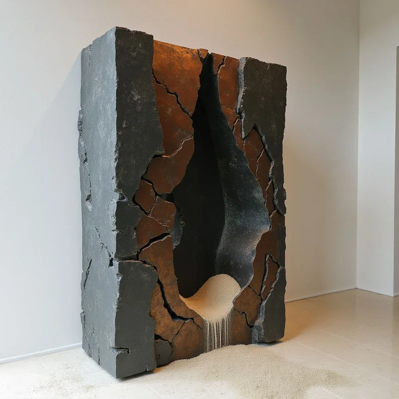 A large, upright slab of dark gray, textured stone features jagged cracks that reveal a warm, copper-toned interior cavity. A fine, sand-like substance flows from the base of this hollow center, accumulating in a pale mound on the white floor below. The composition is defined by the contrast between the rough, heavy exterior and the smooth, glowing inner surfaces within a minimalist, brightly lit space.