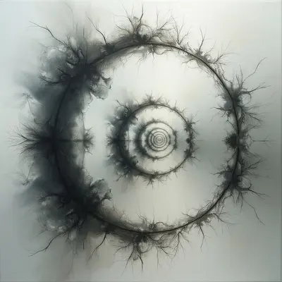 A swirling, dark spiral dominates a pale background, appearing almost like smoke or ink spreading outwards. Fine, spidery tendrils extend from the edges of the spiral’s layers, creating a textured and organic feel. The center of the spiral is densely packed while the outer portions fade into nothingness, suggesting movement and expansion.