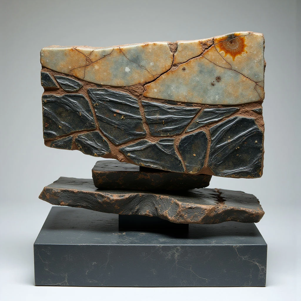 The sculpture is composed of dark gray and muted green stone blocks stacked atop one another, with a lighter, tan-streaked block forming the uppermost element. The surfaces are primarily rough and fractured in texture, contrasting with smoother, polished edges on some areas, and feature irregular polygonal shapes. Soft, diffused light highlights subtle variations in tone across the stones and casts gentle shadows that define their layered spatial arrangement.