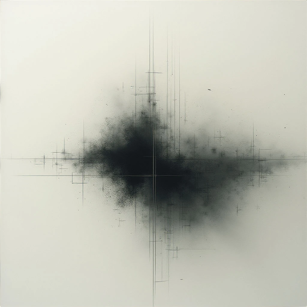 A dark, amorphous cloud dominates the center of a pale background, appearing almost like an explosion or dense shadow. Thin, intersecting lines radiate outwards from and through the cloud, creating a sense of structure within chaos. The overall impression is one of fragmented energy contained within a vast, empty space.