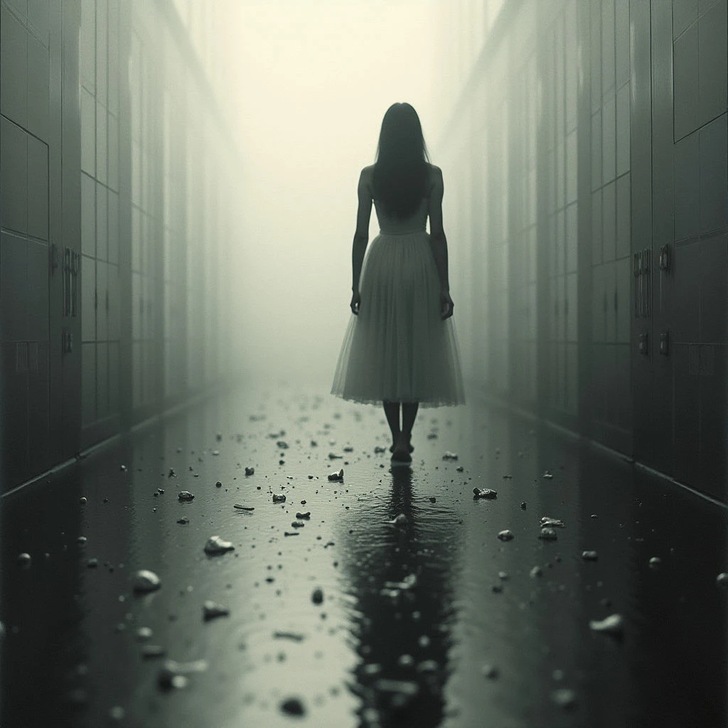 A lone figure, a woman in a white dress, walks down an endless hallway shrouded in thick fog. The floor is slick with water and scattered debris, reflecting the dim light and creating a sense of isolation. Identical doors line both sides of the corridor, disappearing into the haze.