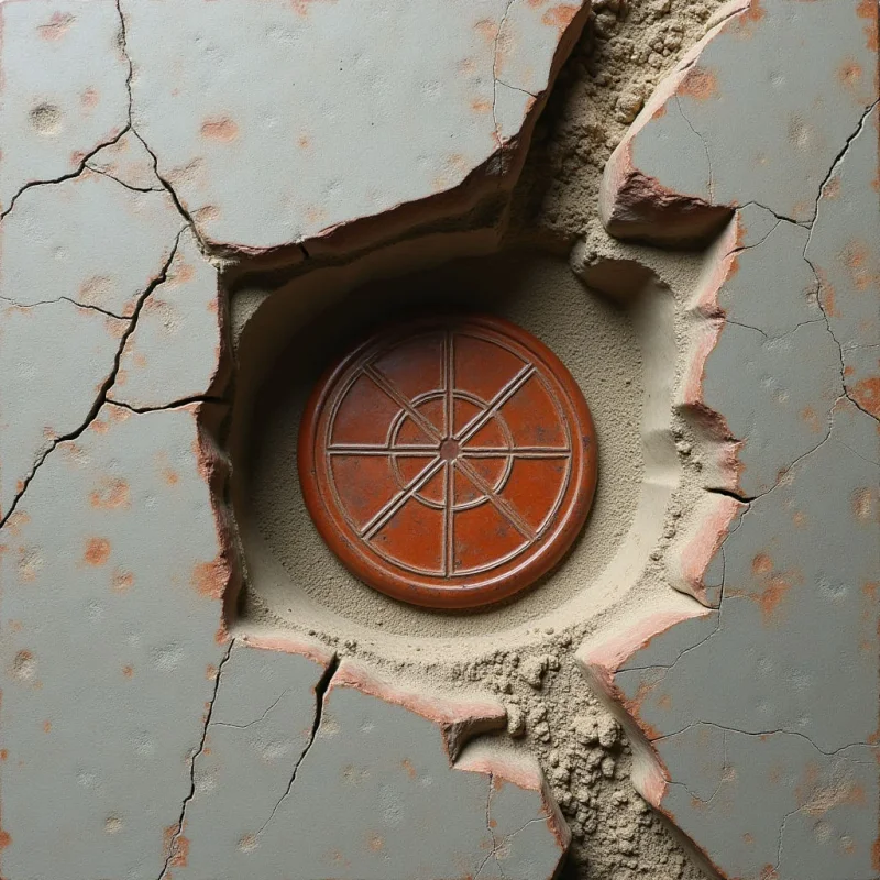 A circular, reddish-brown disc with geometric line patterns is recessed within a jagged, irregular hole in a pale grey surface. The surrounding wall features a rough, sandy texture and is marked by dark cracks and scattered rust-colored spots. Light creates soft shadows within the indentation, emphasizing the depth between the smooth disc and the coarse, broken edges of the wall.