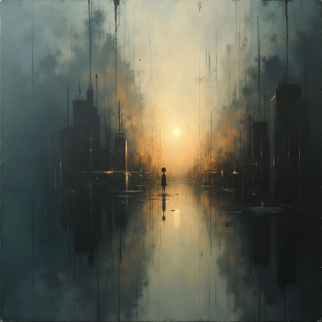 A lone child stands in shallow water amidst the ruins of a towering, submerged city. The structures are dark and skeletal, reflected in the still surface as a hazy sun glows in the distance. An eerie calm pervades the desolate landscape, hinting at a forgotten world lost to time or disaster.